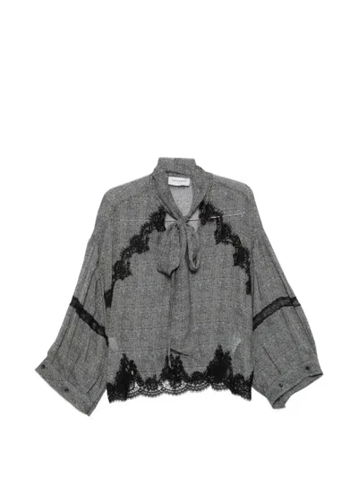 Ermanno Firenze Lace-trim Check-print Blouse In Black