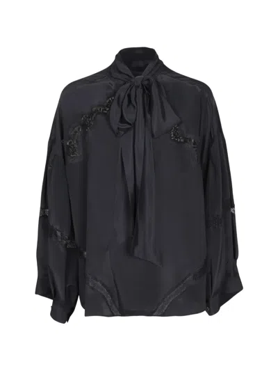 Ermanno Firenze Lace-trim Pussy-bow Blouse In Black