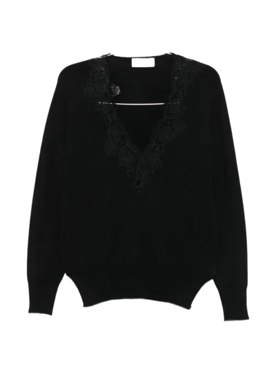 Ermanno Firenze Lace-trim V-neck Sweater In Black