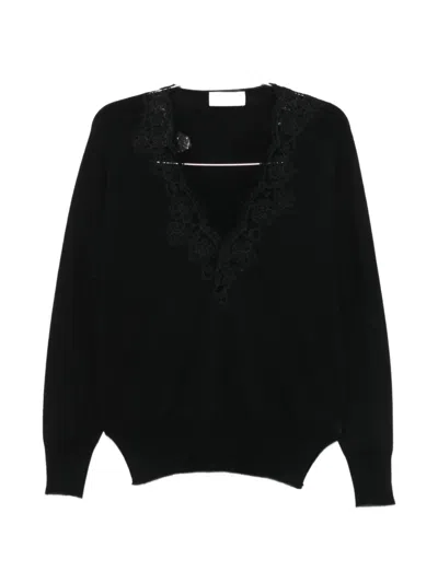 Ermanno Firenze Lace-trim V-neck Sweatshirt In Black
