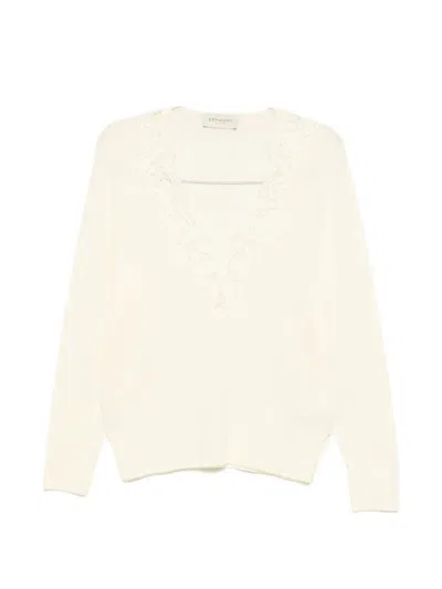 Ermanno Firenze Lace-trim V-neck Sweatshirt In Neutral