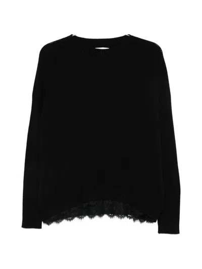 Ermanno Firenze Lace-trimmed Ribbed-sleeve Sweater In Blue