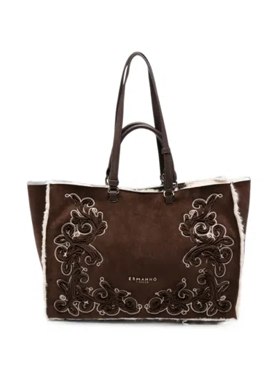 Ermanno Firenze Large Shearling-trim Embroidered Tote Bag In Brown