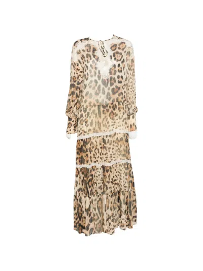Ermanno Firenze Leopard-print Lace-trim Midi Dress In Neutral