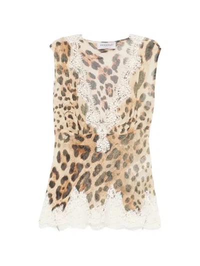 Ermanno Firenze Animal Print Lace Trim Sleeveless V Neck Top