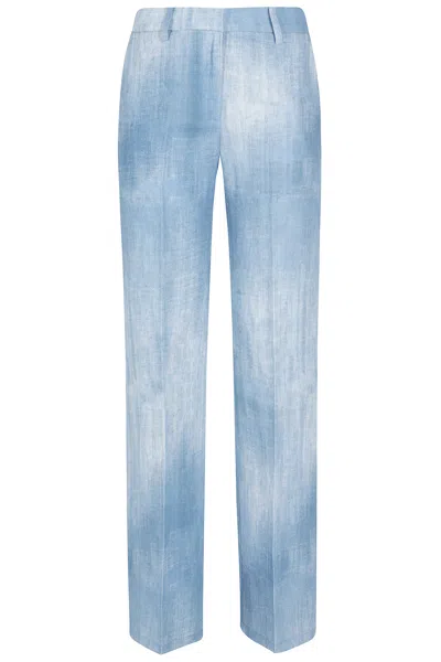 Ermanno Firenze Light Blue Denim Print Viscose-blend Straight-leg Pants