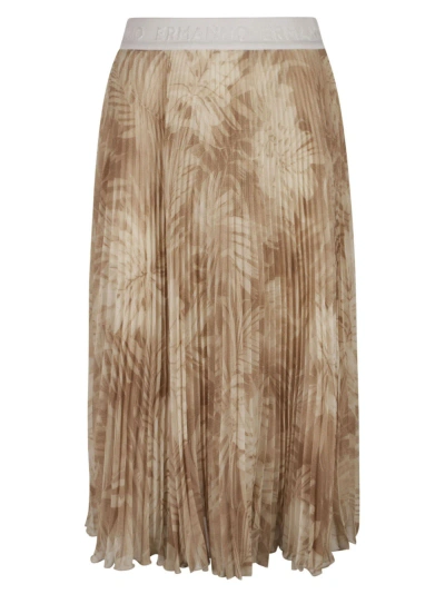 Ermanno Firenze Logo Waist Palm Print Pleated Skirt In Brown