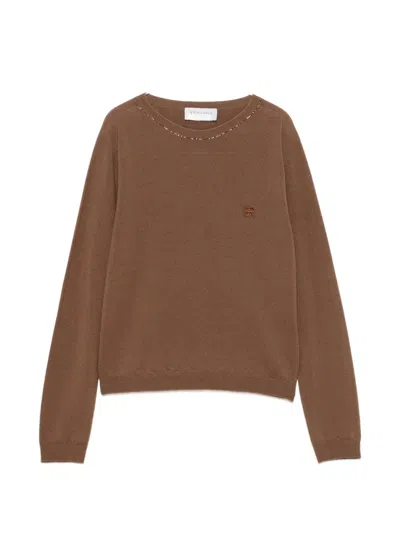 Ermanno Firenze Logo-embroidered Bead-embellished Sweater In Brown
