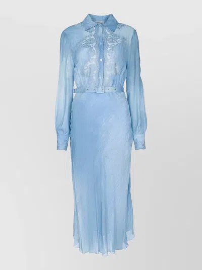 Ermanno Firenze Long Dress Belted Waist Sheer Embroidery In Blue