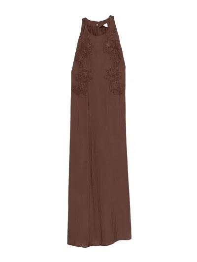 Ermanno Firenze Long Dress In Brown With Flower Print