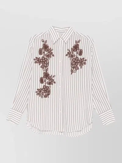 Ermanno Firenze Long Sleeve Striped Top Floral Embroidery In White