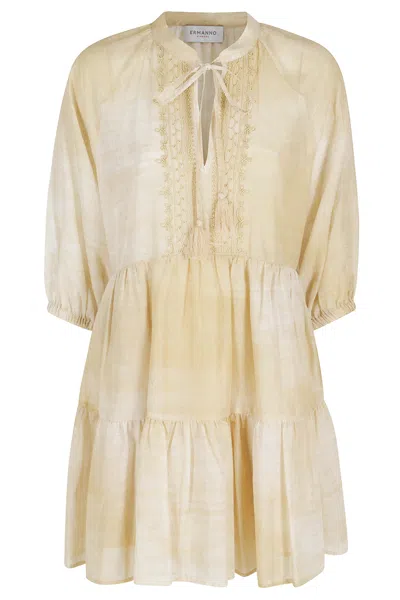 Ermanno Firenze Mandarlo Embroidered Deep V-neck Cotton Midi Dress In Multi
