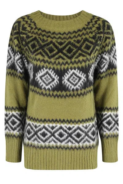 Ermanno Firenze Norwegian-patterned Knit Sweater With Rhinestone Accents In Green
