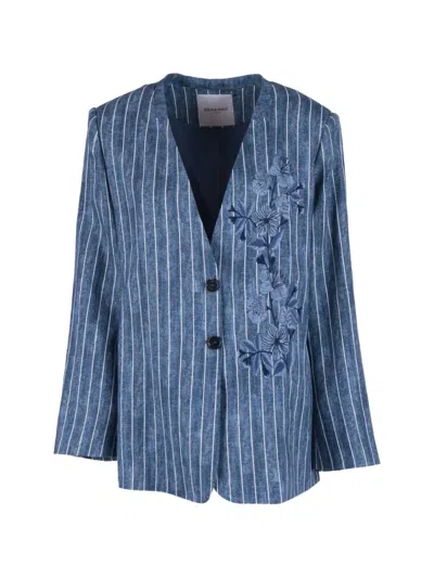 Ermanno Firenze Pinstripe-pattern Floral-embroidered Blazer In Blue