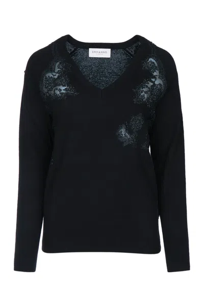 Ermanno Firenze Pizzo Knit V-neck Sweater In Nero