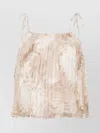 Ermanno Firenze Pleated Sheer Top Spaghetti Straps Tie Detail In Gold