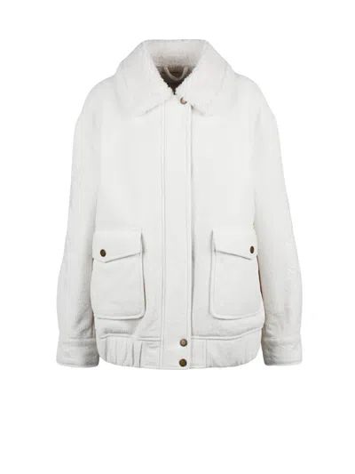Ermanno Firenze Plush White Velvet Jacket With Zip And Snap Closure