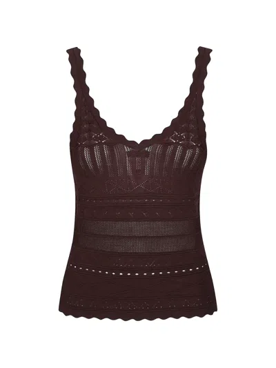 Ermanno Firenze Pointelle-knit Scalloped-edge Top In Brown