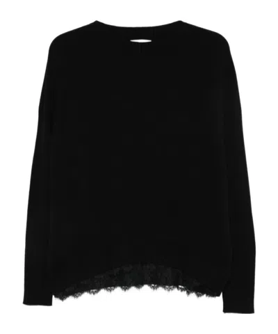 Ermanno Firenze Lace-trimmed Ribbed-sleeve Sweater In Blue