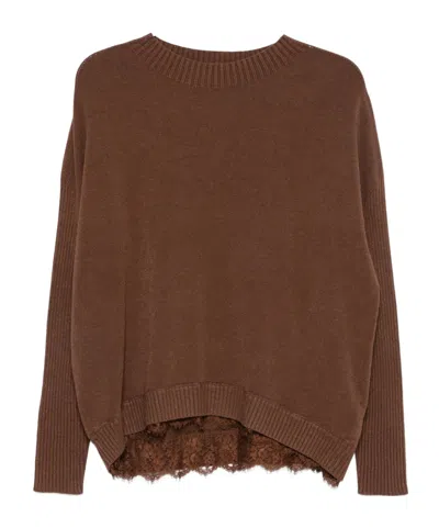 Ermanno Firenze Ribbed-sleeve Sweater With Lace Trim In Brown