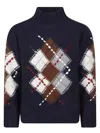 Ermanno Firenze Rich Blue Argyle Pattern Wool Turtleneck Sweater In Blue