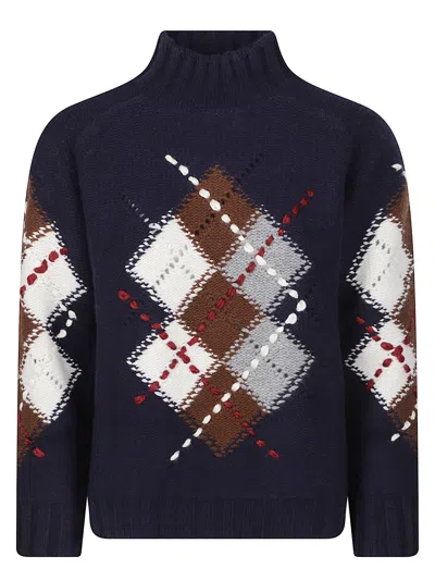 Ermanno Firenze Rich Blue Argyle Pattern Wool Turtleneck Sweater