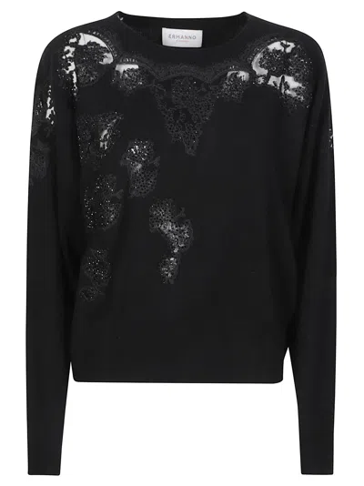 Ermanno Firenze Round Neck Lace Embellished Wool Cropped Sweater In Black