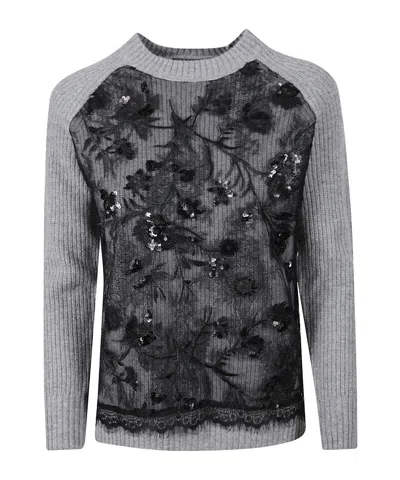 Ermanno Firenze Sequin-embellished Lace-panel Sweater In Black