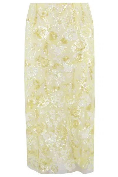 Ermanno Firenze Embroidered Midi Skirt In Yellow