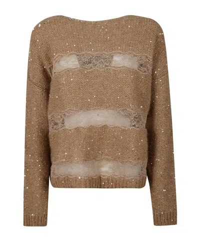 Ermanno Firenze Sequined Lace Panel Sweater In Brown