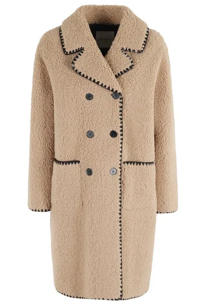 ERMANNO FIRENZE SHORT TEDDY COAT WITH CONTRASTING BLACK PIPING
