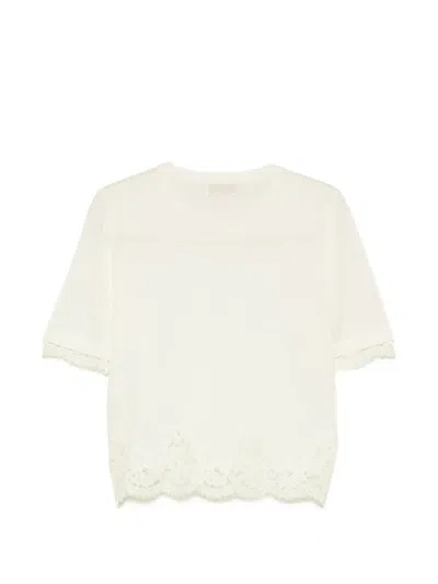 Ermanno Firenze Knit Top Crew Neck Lace Trim Scalloped Hem In Animal Print