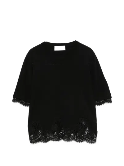 Ermanno Firenze Crew Neck Fine Knit Fitted Lace Top In Black