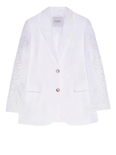 Ermanno Firenze Single-breasted Linen Blazer With San Gallo Embroidery In White