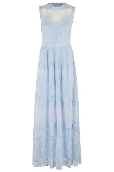 Ermanno Firenze Sleeveless Maxi Dress In Tulle And Lace With Scalloped Edges In Azzurro