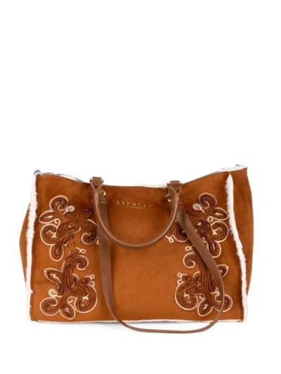 Ermanno Firenze Small Embroidered Faux-fur Tote Bag In Brown