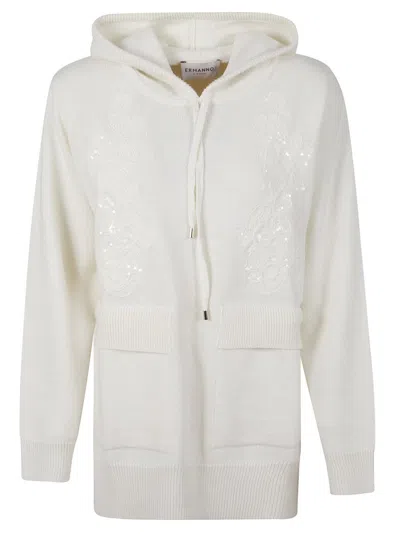 Ermanno Firenze Soft Hooded Sweater With Floral Embroidery In White