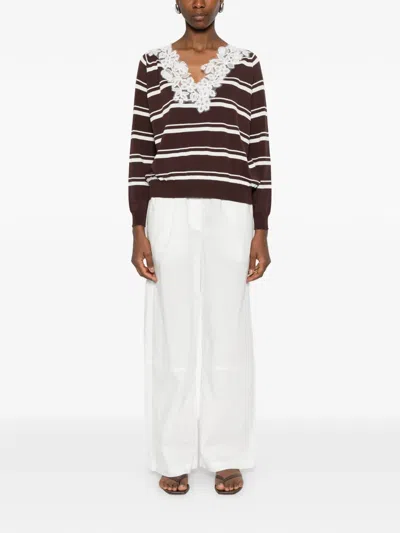 Ermanno Firenze Striped Floral Lace T-shirt In Brown