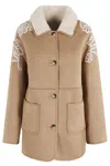 Ermanno Firenze Suede Camel Sheepskin Coat With Teddy Collar In Brown
