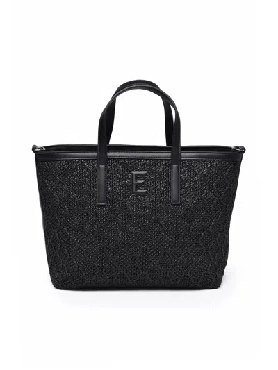 Ermanno Firenze Terra Straw Tote Bag With Zip Closure In Black