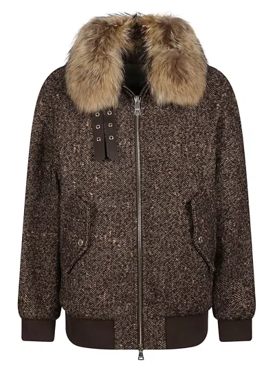 Ermanno Firenze Textured Brown Jacket With Plush Fur Collar And Zip Closure