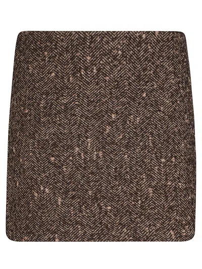 Ermanno Firenze Textured Mini Skirt In Herringbone Weave In Brown