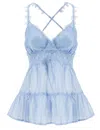 Ermanno Firenze Sheer Hem Top With Floral Lace Straps In Azzurro