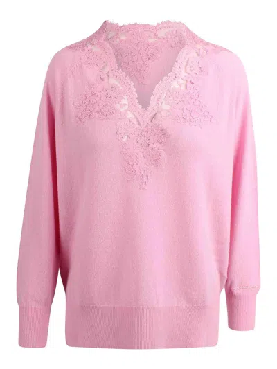 Ermanno Firenze V-neck Sweater With Lace Embroidery In Pink