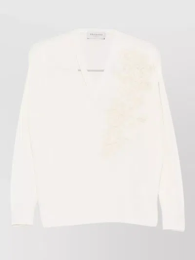 Ermanno Firenze V Neck Top Embroidered Detail Long Sleeves In White