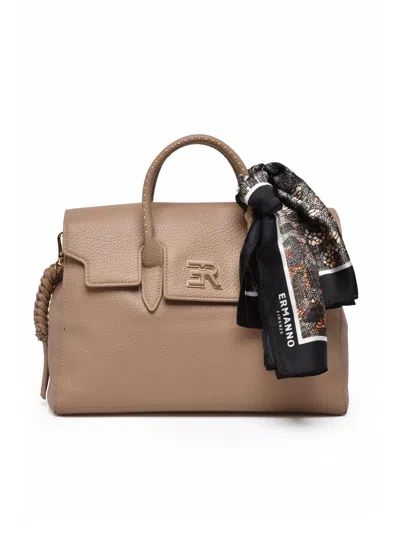 Ermanno Firenze Violet Structured Handbag With Magnetic Snap Closure And Detachable Strap In Brown