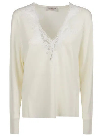 Ermanno Firenze V-neck Sweater With Intricate Lace Detailing In Neutral