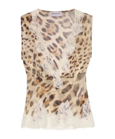 Ermanno Firenze Leopard-print Lace-trim Top In Multi