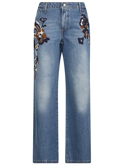 Ermanno Firenze Wide Leg Jeans With Floral Embroidery And High Waist In Blue