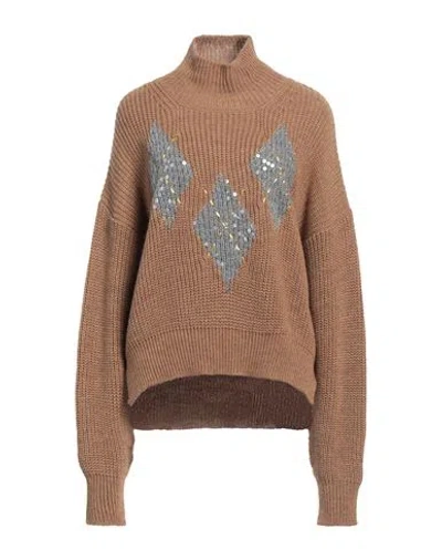 Ermanno Firenze Woman Turtleneck Camel Size 8 Polyester, Polyamide, Acrylic In Brown